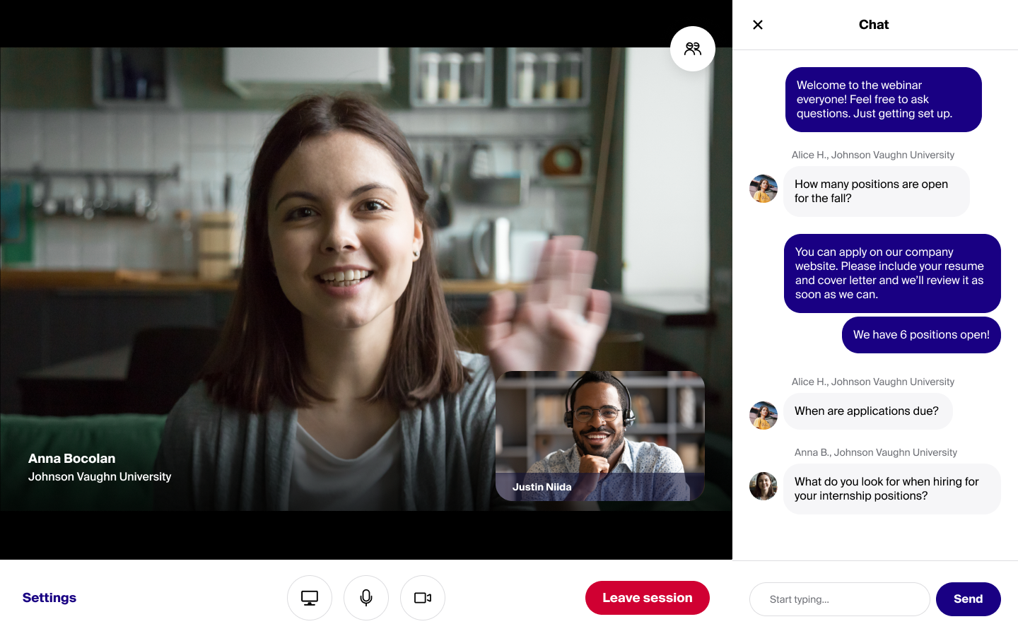 student talking to employer through video chat on Handshake website